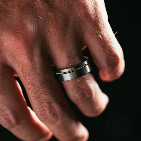 Agustin: Men's Lightly Brushed Wedding Band with Engraved Edges | Ken & Dana
